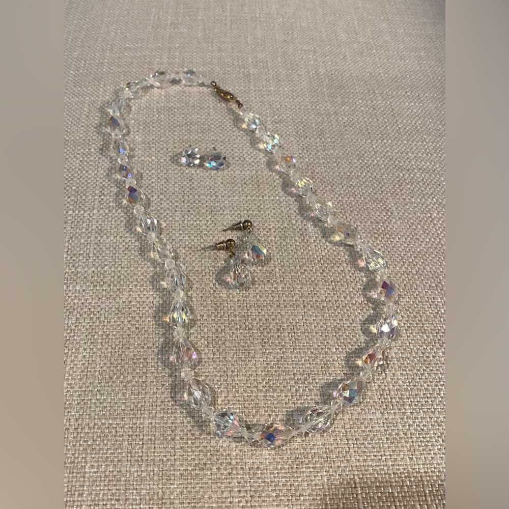 Vintage Faceted Arkansas Crystal Bead Necklace with 2 Pairs Matching Earrings